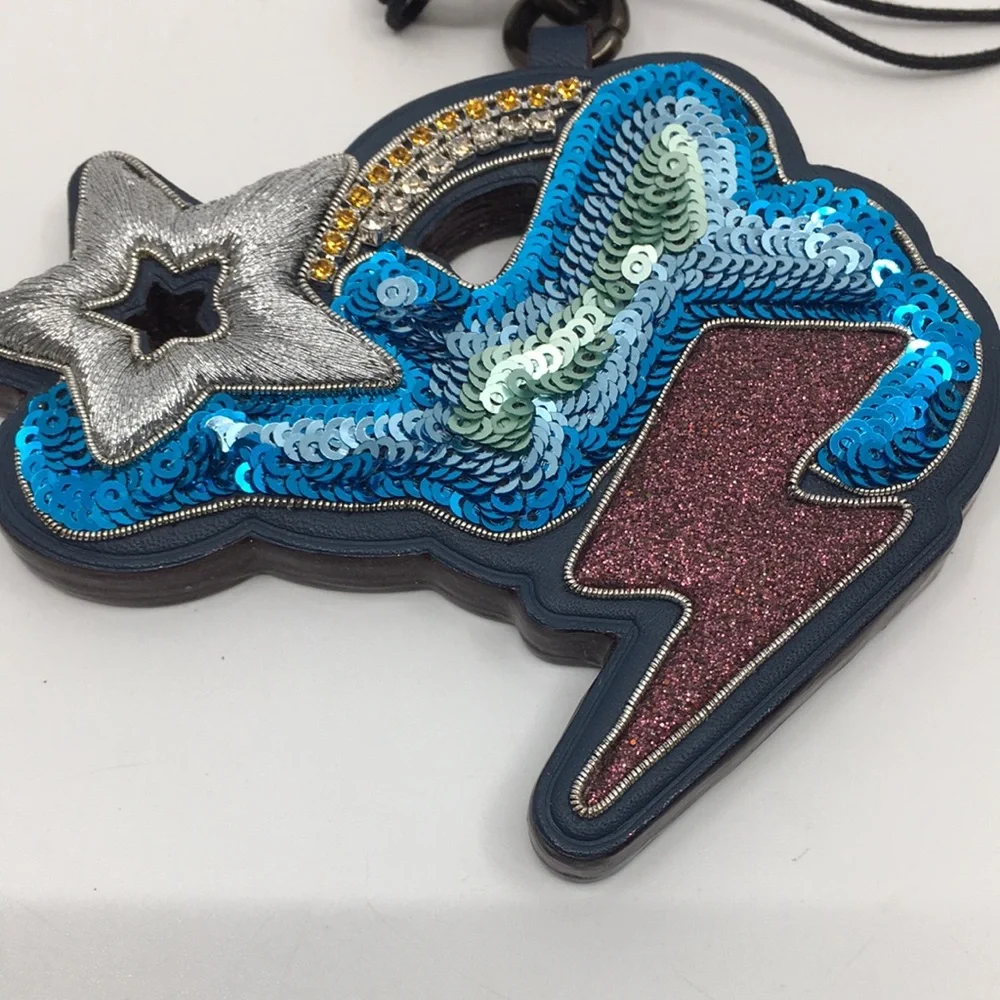 NWT Coach Style 24333 Cloud and Stars Leather and Sequined Key Bag Charm Denim - Picture 4 of 16